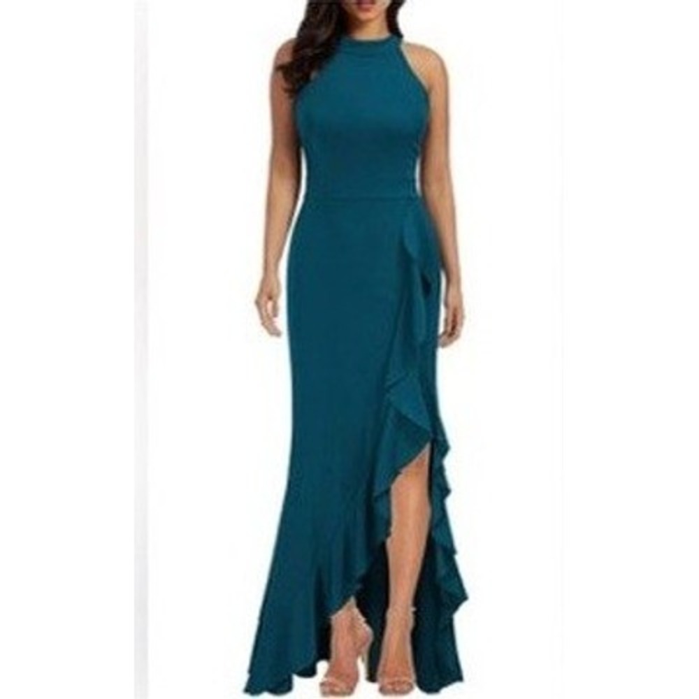 Woosea NWT Women's Maxi Dress XL Teal Ruffle Halter Neck Formal Evening Gown